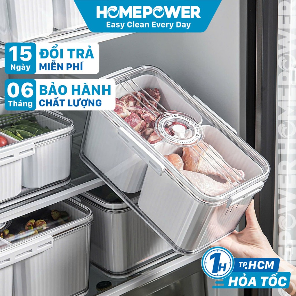 Hộp Nhựa Bảo Quản Thực Phẩm Tủ lạnh Homepower Tách Nước, Chia Ngăn, Có Lỗ Thoát Khí Cao Cấp